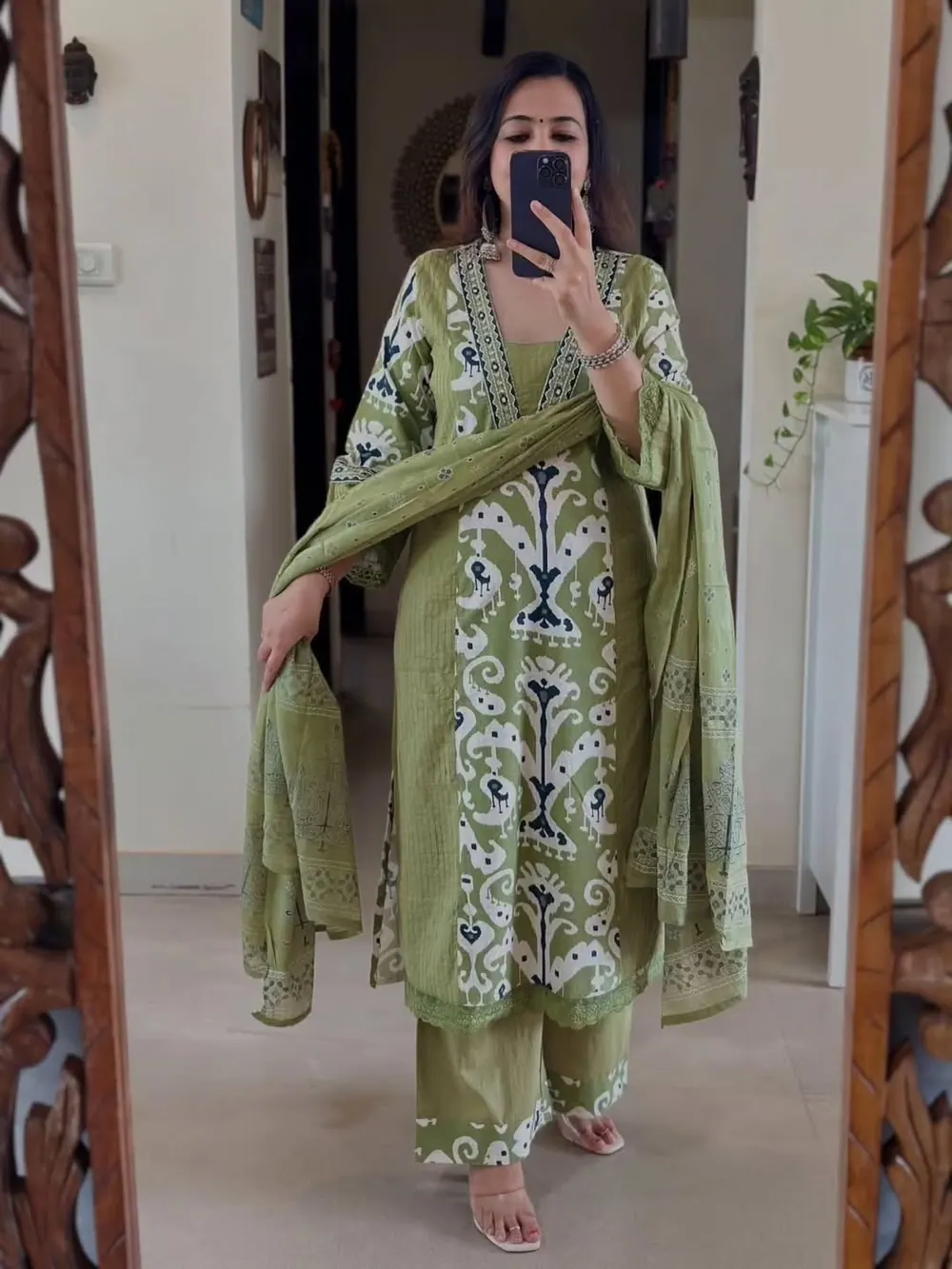 Ahana Olive White-Print Kurta Set