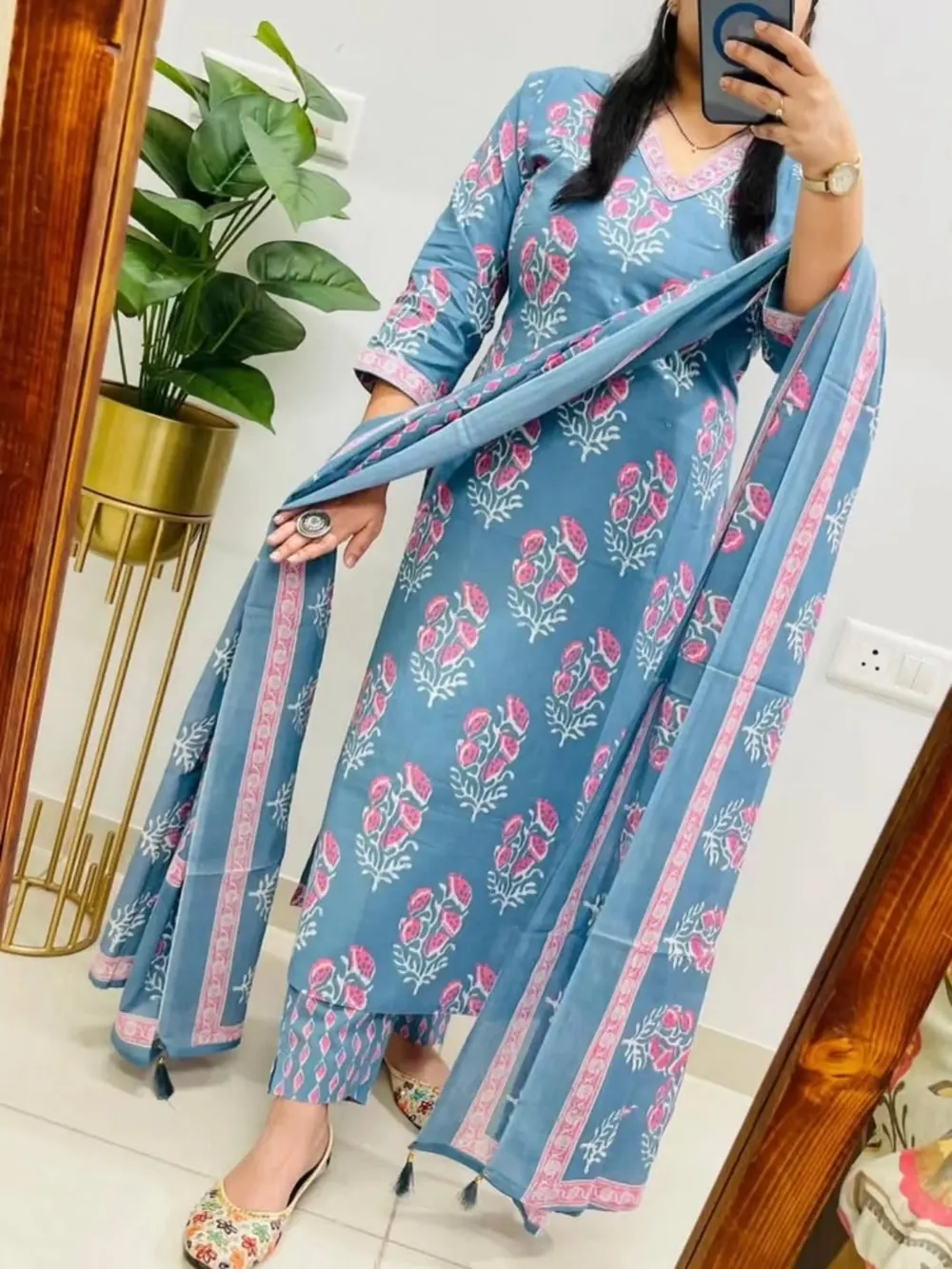 Avni Blue Floral Kurta with Stripe Dupatta