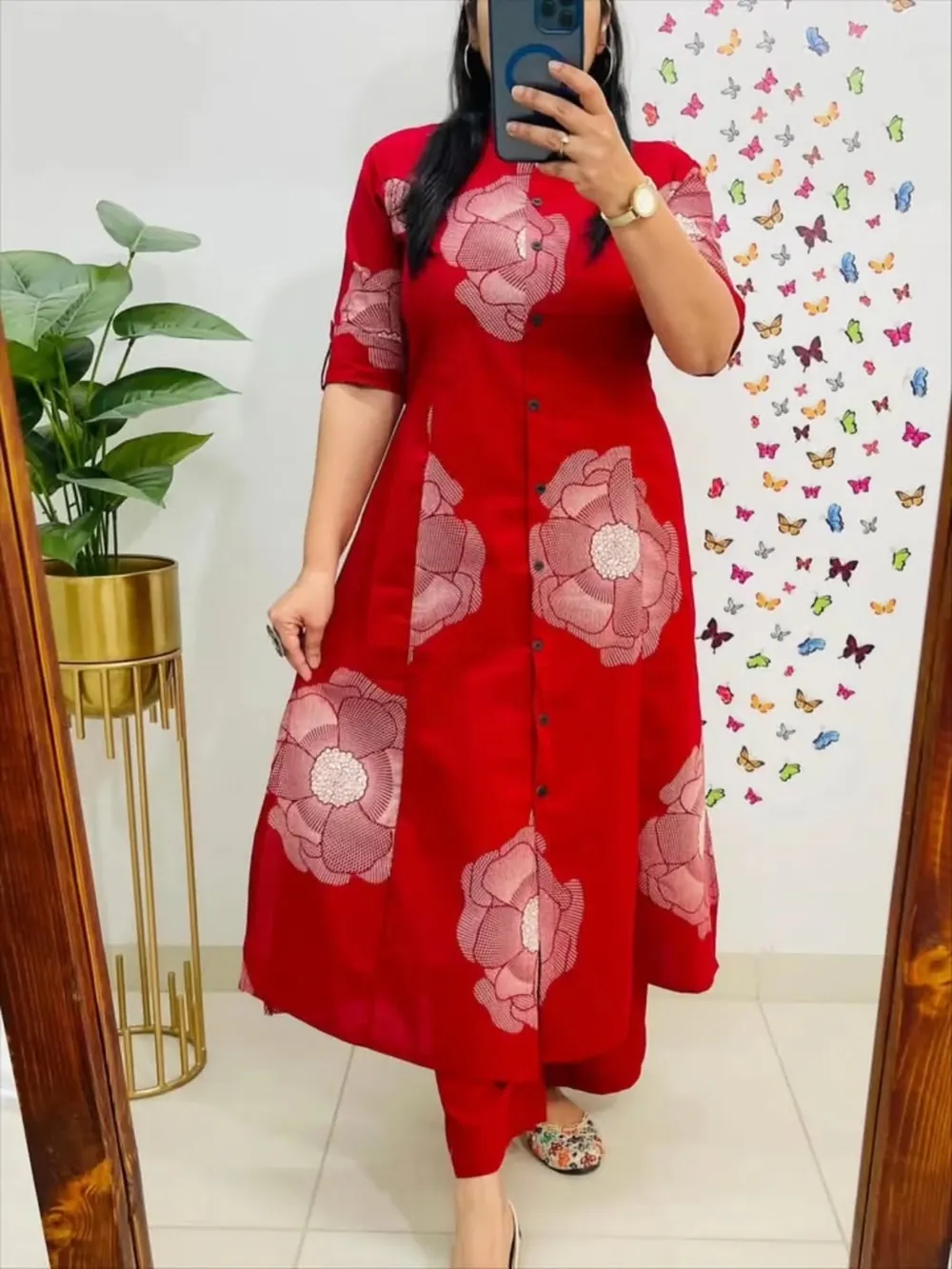 Gulmohar Red Rose-Print Kurta Set