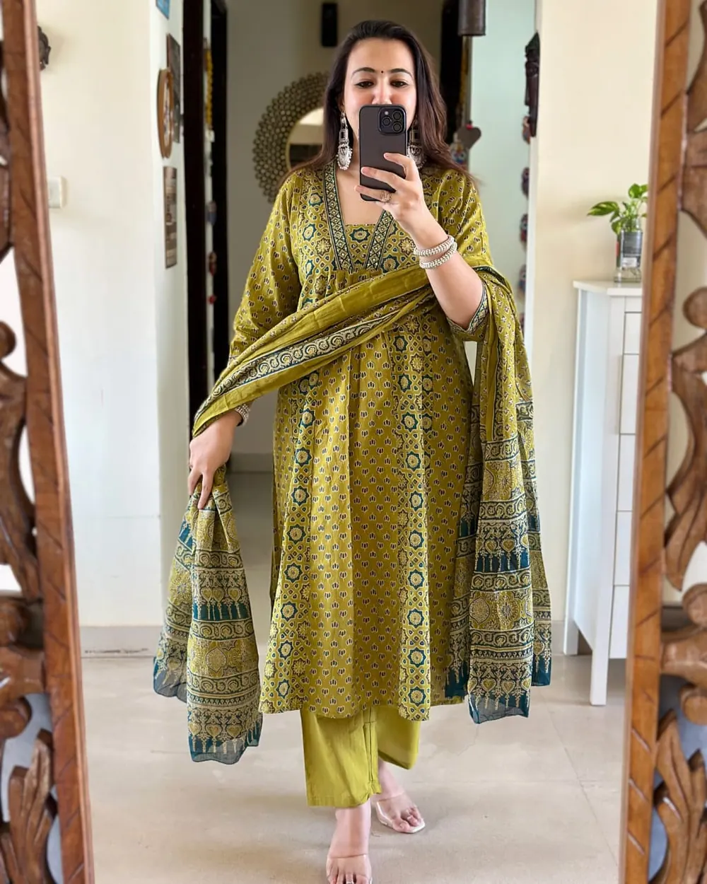 Meher Olive Ajrakh Print Kurta Set