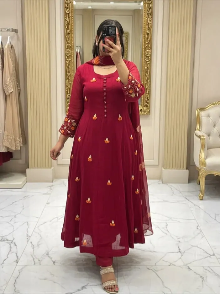 Ruhi Wine Anarkali with Floral Sleeve Work — image 3