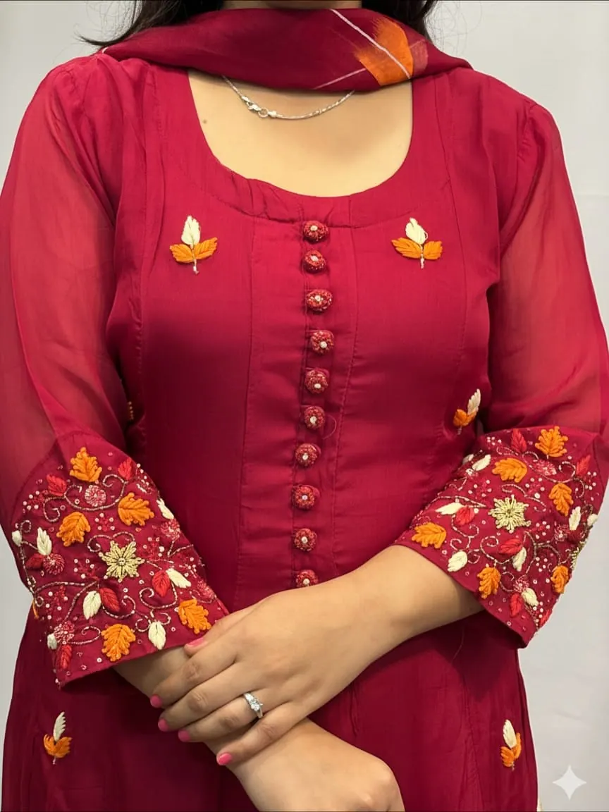 Ruhi Wine Anarkali with Floral Sleeve Work — image 5