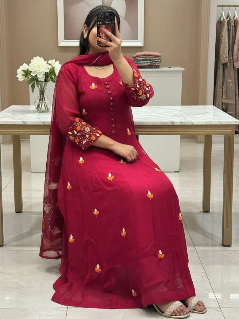 Ruhi Wine Anarkali with Floral Sleeve Work