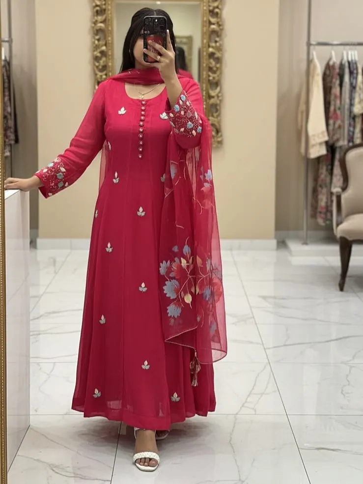 Ruhi Wine Anarkali with Floral Sleeve Work — image 7