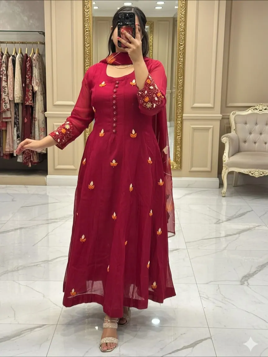 Ruhi Wine Anarkali with Floral Sleeve Work — image 8