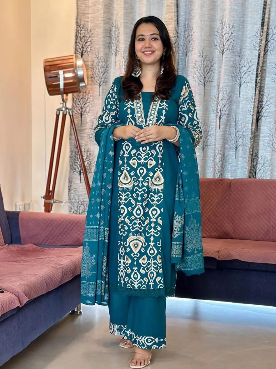 Tara Teal White-Print Kurta Set